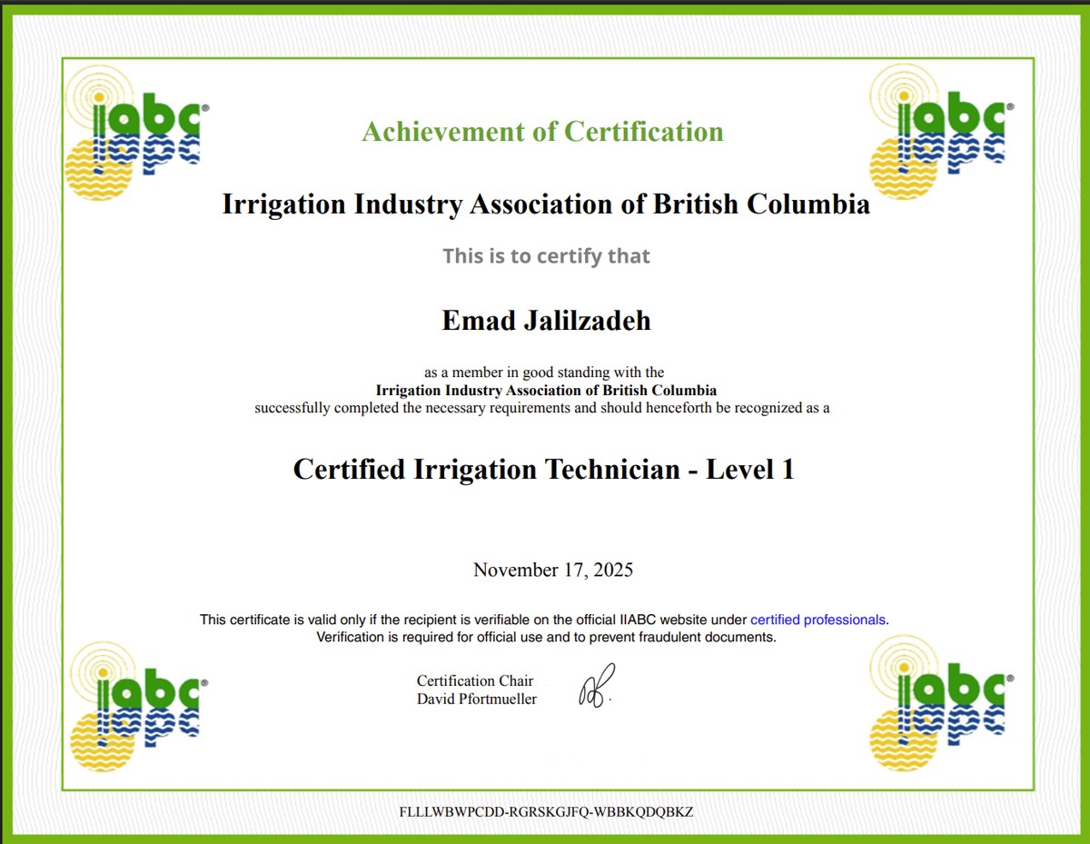 IIABC Certified Irrigation Technician Level 1 certificate